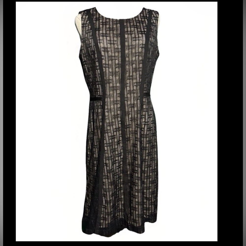 (12 P) ANNE KLEIN Sleeveless Banded Lace Fit & Flare Black Lace On Tan Dress